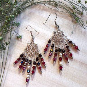 ⚜️Red Ombre Swarovski Chandelier earrings & Pearls